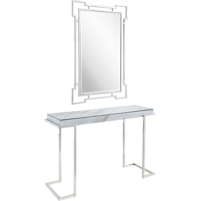 Faux Marble Mirrored Sled Console Table (Set of 2) - White And Silver