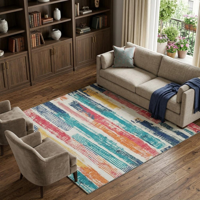10' X 14' Striped Washable Area Rug With UV Protection (696494) - Ivory / Teal / Orange