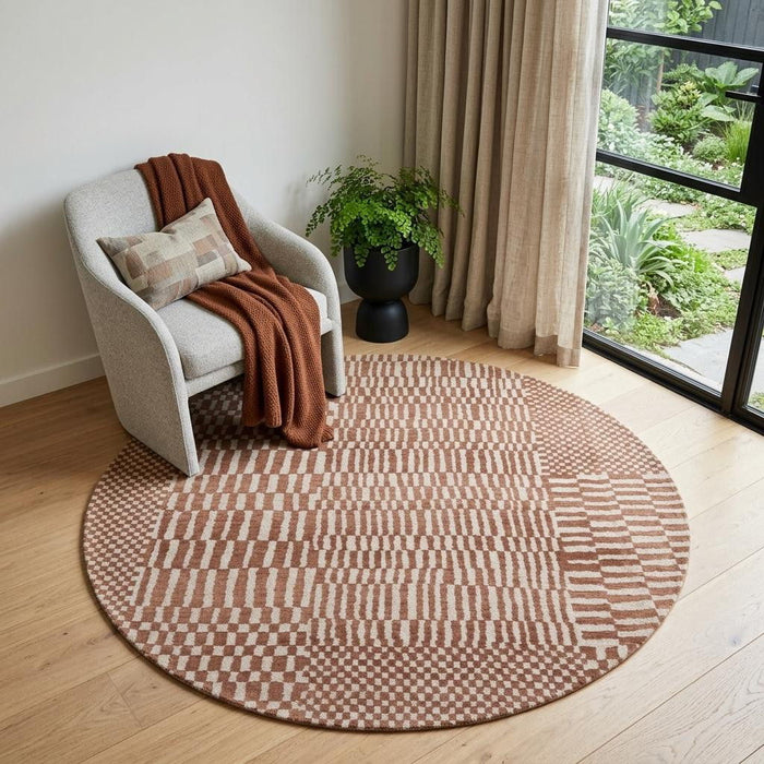 5' Geometric Washable Round Rug With UV Protection (610099) - Brown / Beige