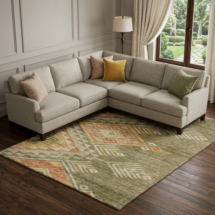 10' X 14' Geometric Washable Area Rug With UV Protection (684106) - Green / Gold / Salmon