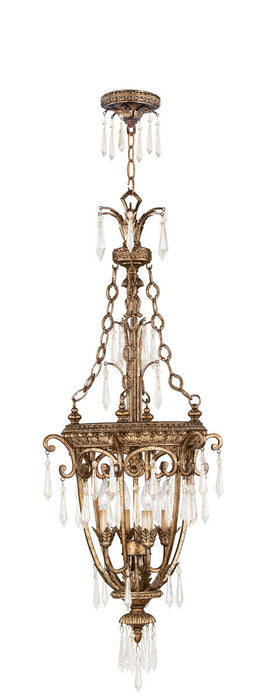 Gold metal chandelier with four clear shades and dimmable lights, showcasing elegant lighting design by HomeRoots.
