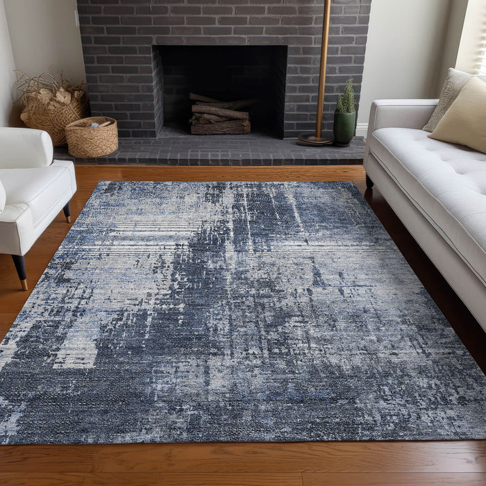 10' X 14' Abstract Washable Area Rug With UV Protection - Navy Blue And Ivory