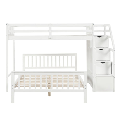 Giga loft bed with staircase and built-in storage drawers, featuring a sturdy wooden frame and space-saving design.