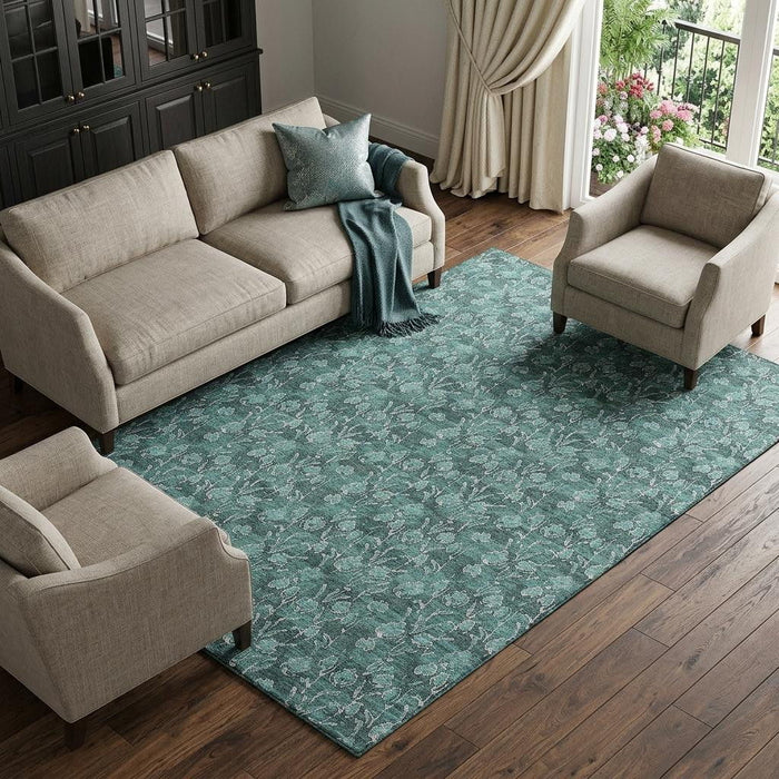 10' X 14' Floral Washable Area Rug With UV Protection (656472) - Teal / Ivory