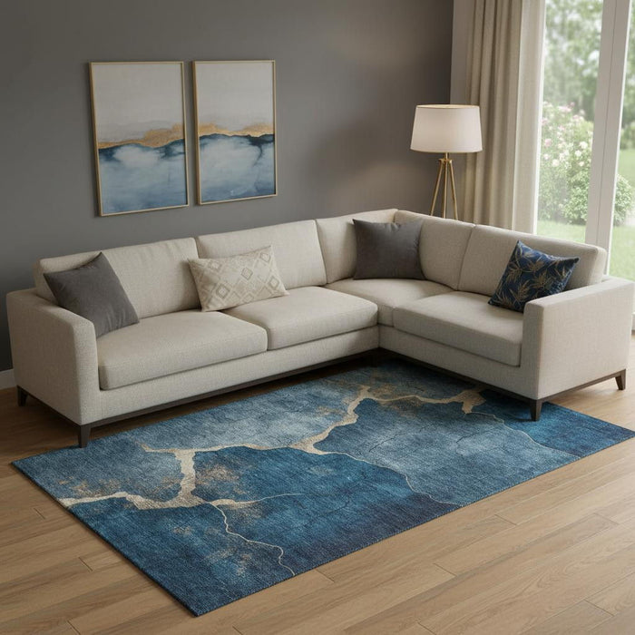 10' X 14' Abstract Washable Area Rug With UV Protection (707029) - Navy Blue / Beige