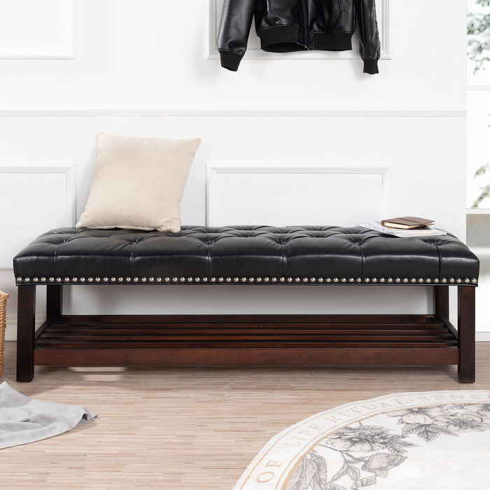 Giga upholstered bedroom end of bed bench with tufted fabric, nailhead trim, shelf, and shoe rack for living room or entrance.
