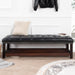 Giga upholstered bedroom end of bed bench with tufted fabric, nailhead trim, shelf, and shoe rack for living room or entrance.