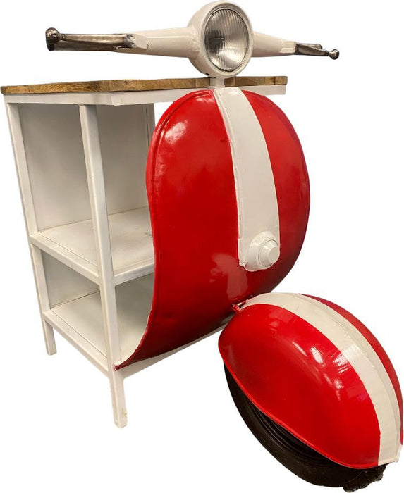 HomeRoots novelty scooter accent cabinet in red and off-white with two shelves, stylish storage furniture for living spaces.