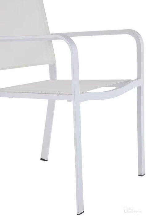 Pair of Chintaly Malibu contemporary outdoor chairs with white mesh sling seats and aluminum frames, set of two.