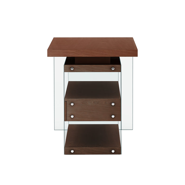 Reversible walnut wooden desk with glass panels, drawers, and shelves by Chintaly, featuring a rotatable design for versatile office use.