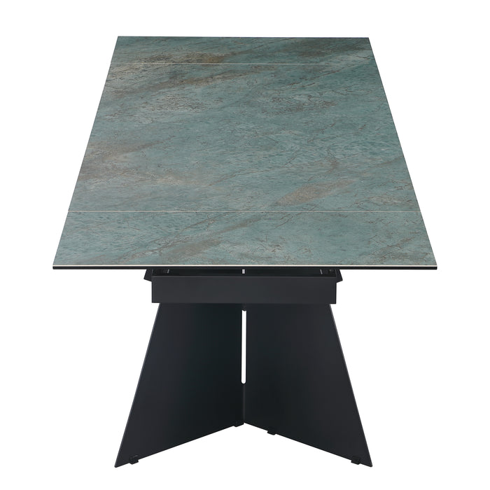 Contemporary Chintaly HELEN extendable dining table with ceramic and glass top, matte black steel base, 63-94 inches extended.