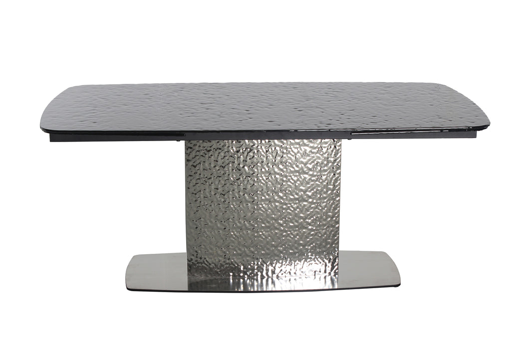 Contemporary NORA extendable dining table by Chintaly with gloss black textured glass top and stainless steel base.