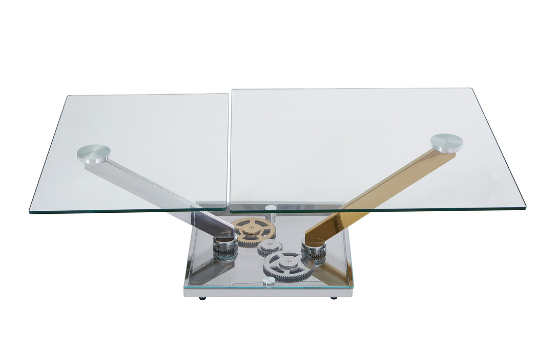 Contemporary Motion-Extendable Glass Top Cocktail Table | Clear Glass with Polished SS & Brass