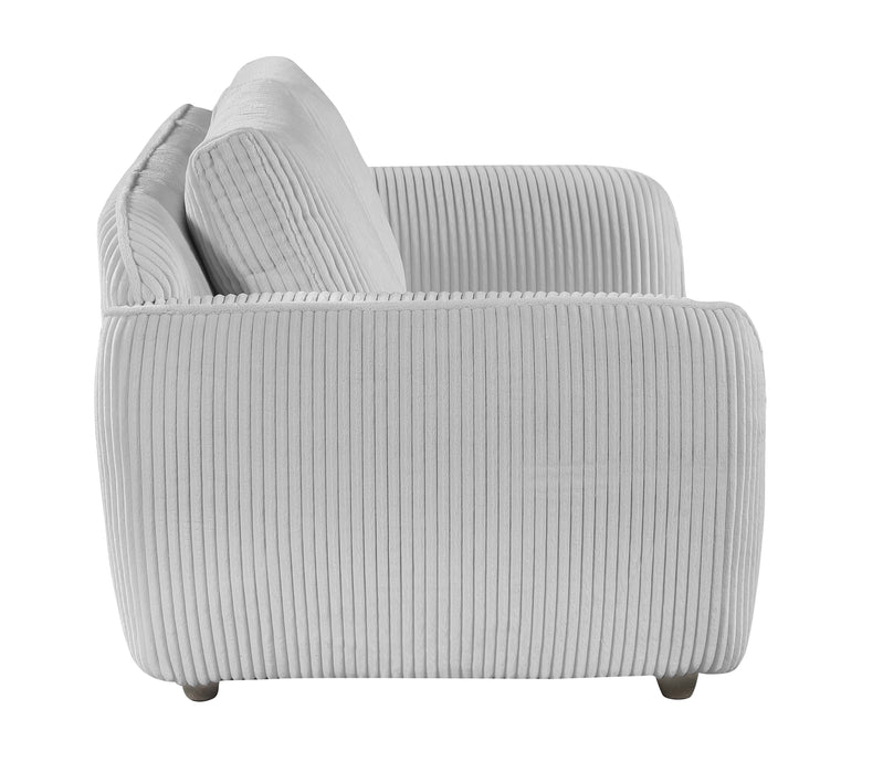 Gray fabric Charleston modern loveseat by Chintaly with channel tufting and gray wooden oak legs, stylish and comfortable seating.