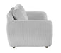 Gray fabric Charleston modern loveseat by Chintaly with channel tufting and gray wooden oak legs, stylish and comfortable seating.