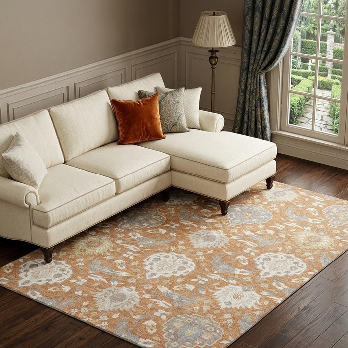10' X 14' Damask Washable Area Rug With UV Protection (680535) - Copper / Gray / Ivory