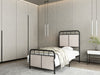 Brown twin size linen upholstered platform bed frame by Giga with fabric headboard and footboard, sturdy metal construction.