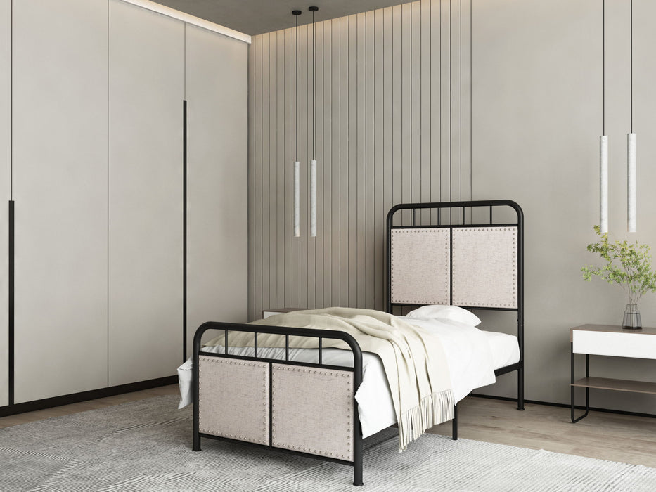 Brown twin size linen upholstered platform bed frame by Giga with fabric headboard and footboard, sturdy metal construction.