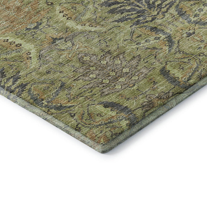 10' X 14' Damask Washable Area Rug With UV Protection (683860) - Artichoke Green / Gold / Charcoal