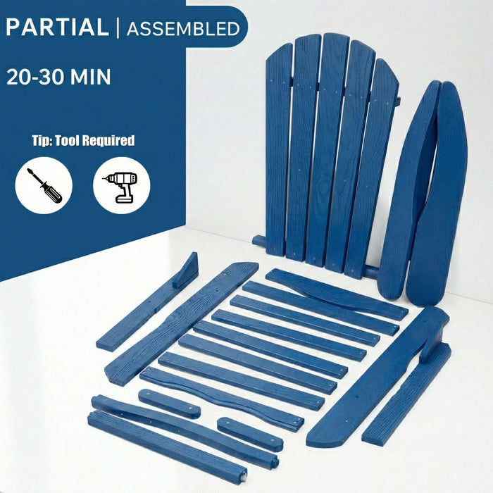 Giga navy blue outdoor folding Adirondack arm chair with pre-assembled backrest and seat board, suitable for patio use