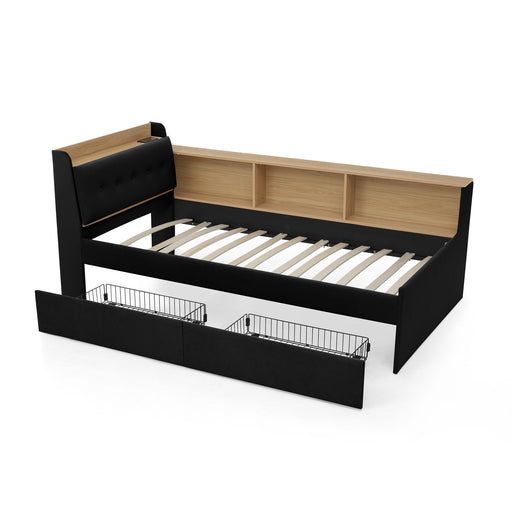 Giga upholstered storage daybed with headboard, wireless charging, LED lights, and built-in storage drawers in a modern bedroom setting.