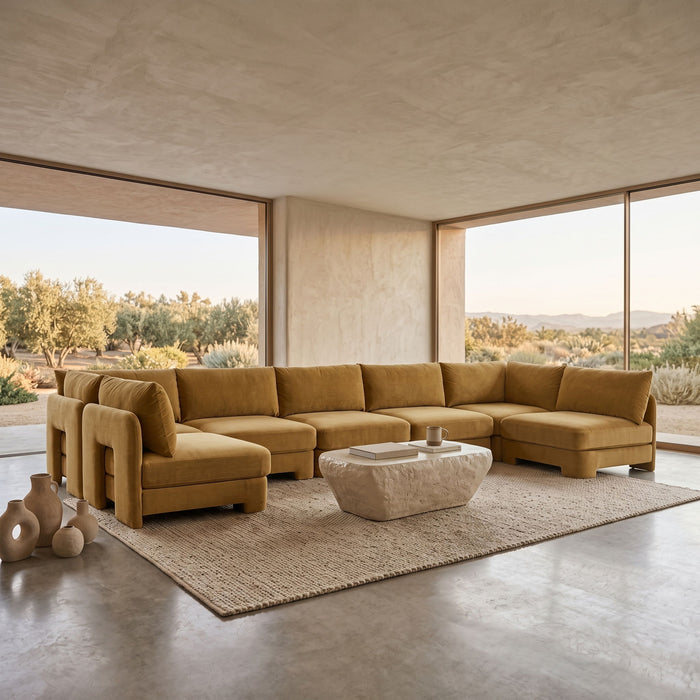 Meridian Furniture Hammond velvet upholstered 7-piece U-shaped armless sectional sofa in a stationary design.