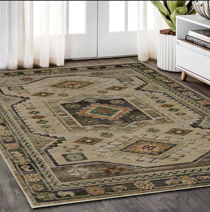 5' X 7' Tribal Area Rug - Gray And Green