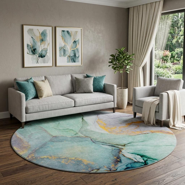 8' Abstract Washable Round Rug With UV Protection (646843) - Teal / Gold / Ivory