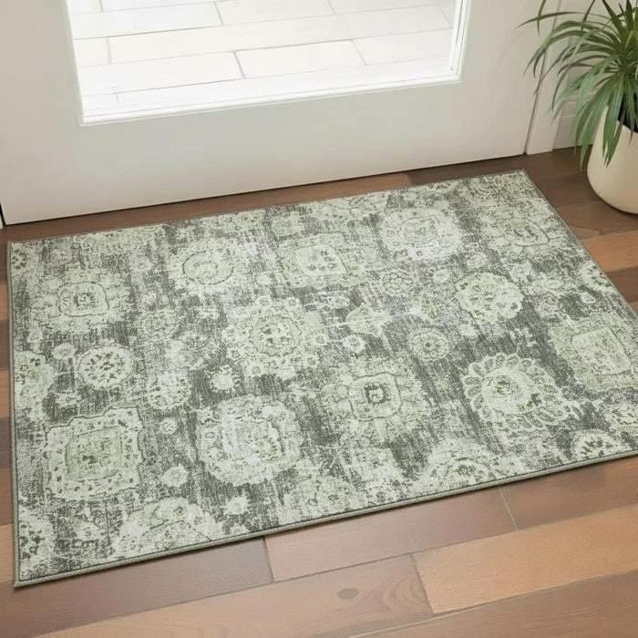 3' X 5' Floral Washable Area Rug With UV Protection (653171) - Artichoke Green / Ivory / Gray