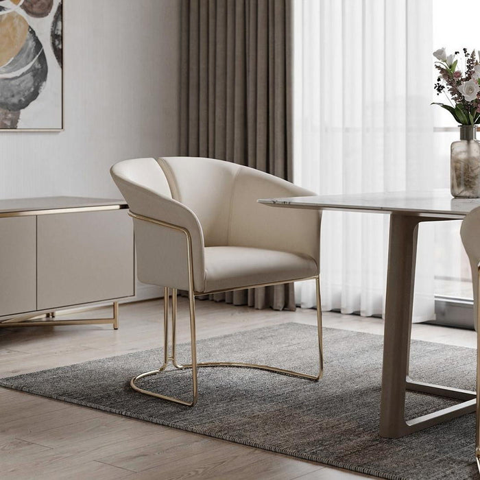 Faux Leather Metal Partially Open Back Dining Arm Chair - Beige / Gold