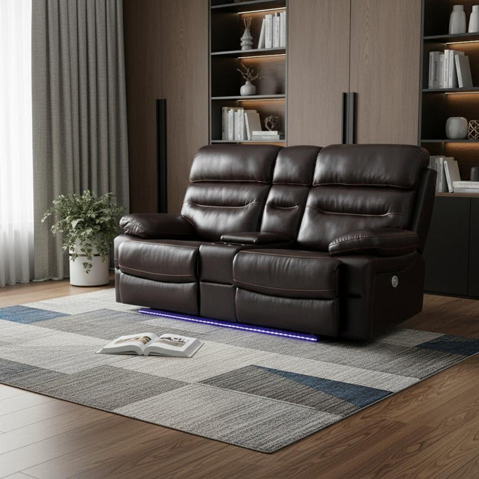 Faux Leather Power Reclining Love Seat With Storage - Brown