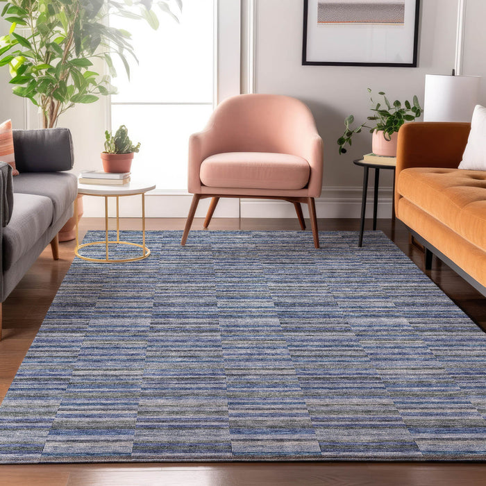 8' X 10' Striped Washable Area Rug With UV Protection - Navy Blue / Gray