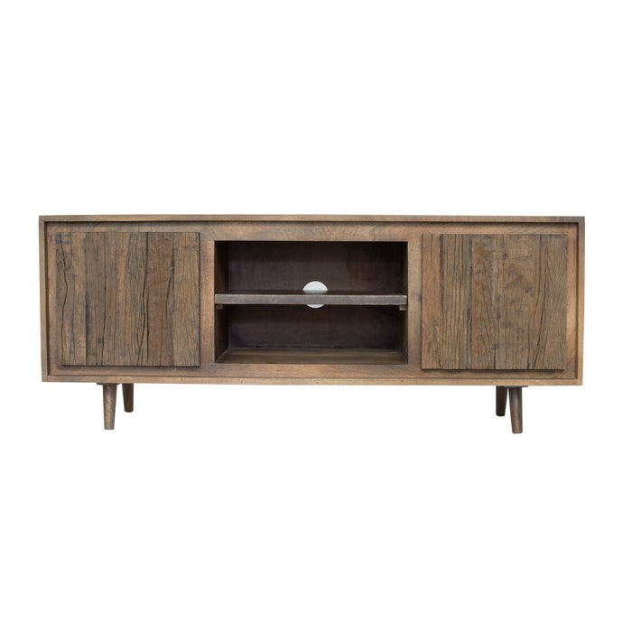 Giga TV cabinet with two doors made of recycled wood, in brown finish, modern TV stand for living room storage.