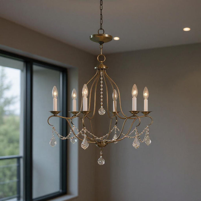 26-inch six-light dimmable chandelier with fabric shades in antiqued brass finish by HomeRoots, showcasing elegant lighting design.