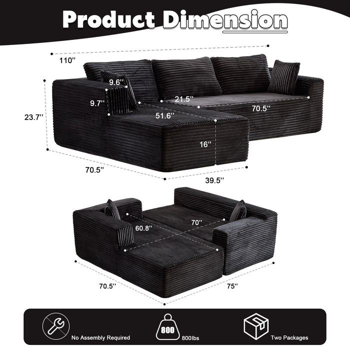 Compression Sectional Couch With Comfy Chaise, Boneless L Shape Sofa With Deep Seat