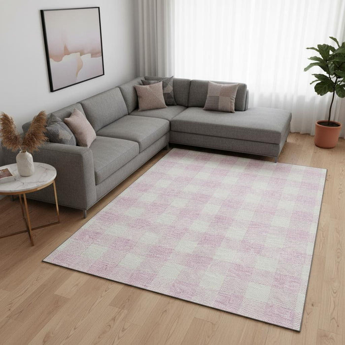 10' X 14' Plaid Washable Area Rug With UV Protection (673405) - Pink / Ivory