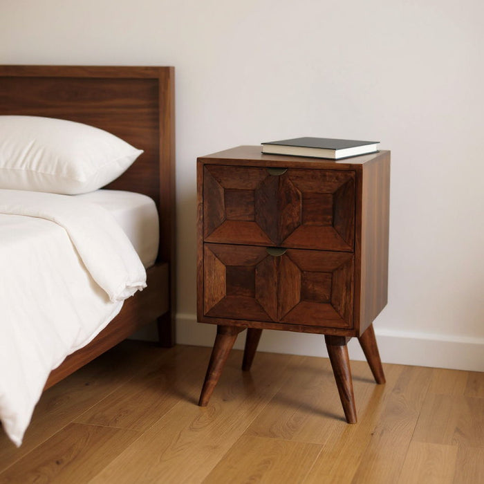 24" Solid Wood Square Carved Geometric Two Drawer Nightstand - Chestnut