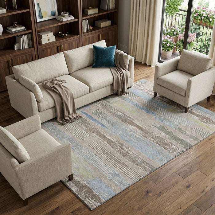 10' X 14' Striped Washable Area Rug With UV Protection (696524) - Taupe / Blue / Green