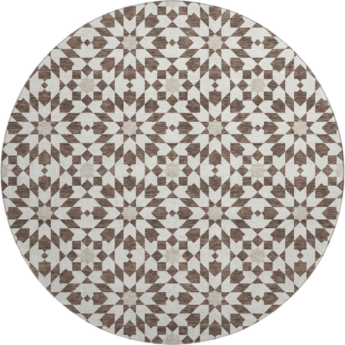 8' Geometric Washable Round Rug With UV Protection - Brown And Ivory