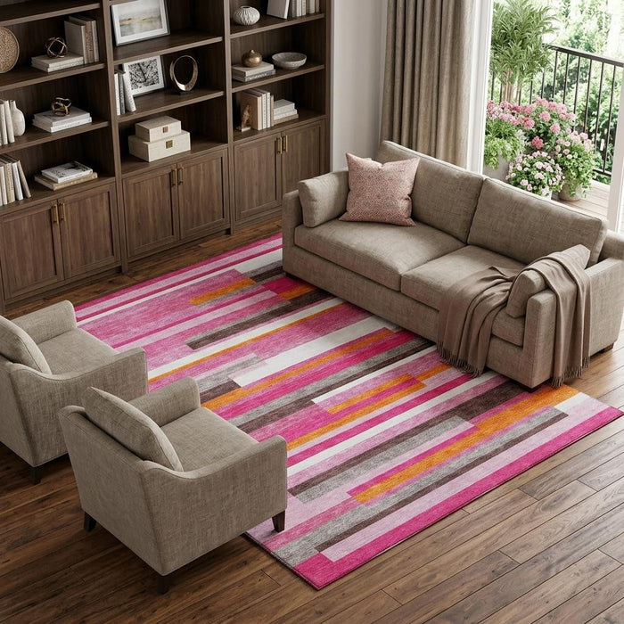 10' X 14' Striped Washable Area Rug With UV Protection (675762) - Blush / Orange / Gray