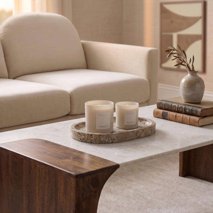 Ophelia Meridian Furniture travertine tray with elegant rectangular design and natural stone finish, ideal for home decor or serving.