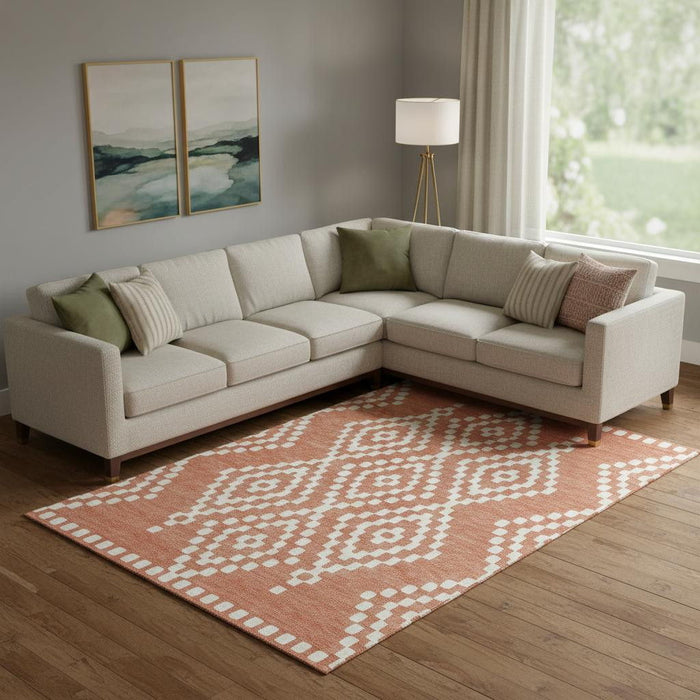 10' X 14' Geometric Washable Area Rug With UV Protection (670826) - Salmon / Ivory