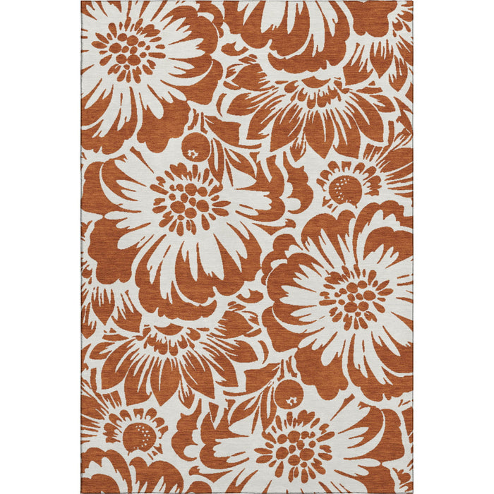 9' X 12' Floral Washable Area Rug With UV Protection (648681) - Rust / Ivory