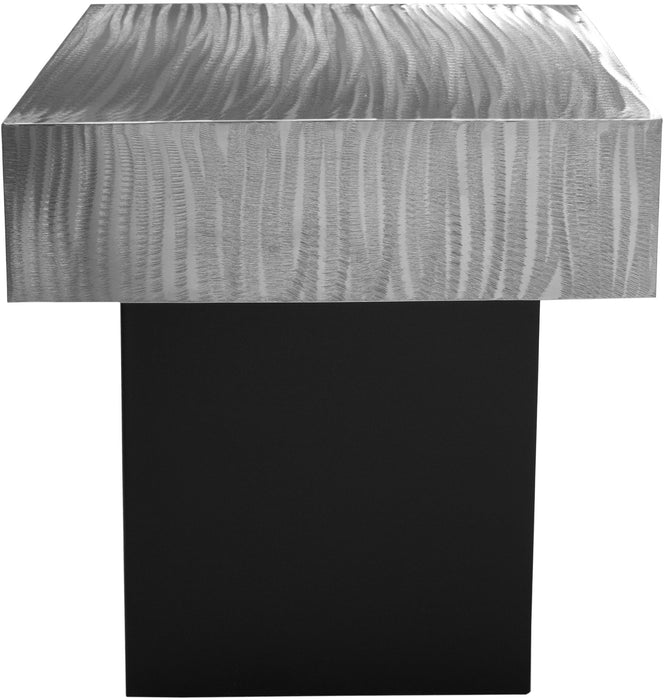 Meridian Furniture Palladium end table with a sleek modern design, featuring a smooth wooden surface and sturdy metal legs.