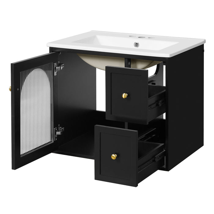 Giga wall-mounted bathroom vanity set with sink, two drawers, and a soft-close door, modern design for stylish bathroom storage.