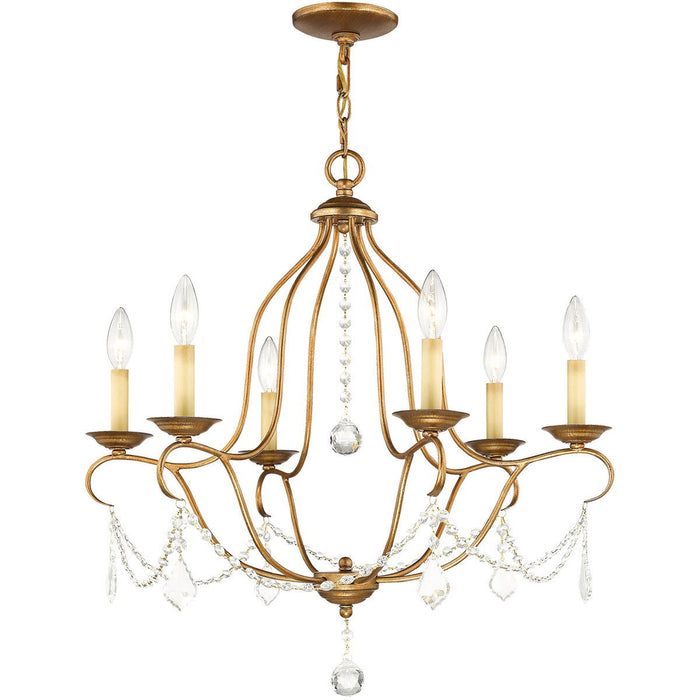 HomeRoots 26-inch six-light dimmable chandelier with shades in antiqued gold finish, showcasing elegant lighting design.