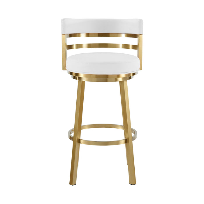 30" Faux Leather And Stainless Steel Low Back Bar Height Swivel Bar Chair - Gold / White