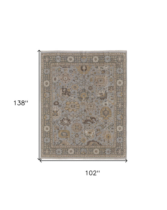 8.5' x 11.5' Wool Oriental Hand Knotted Area Rug With Fringe - Gray And Brown