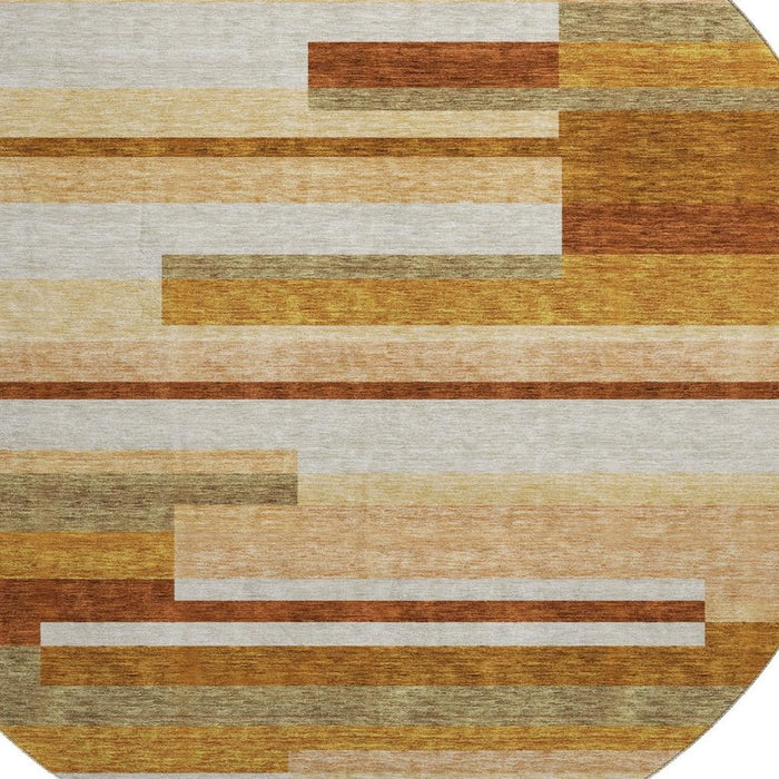 8' Transitional Striped Washable Round Rug With UV Protection - Rust