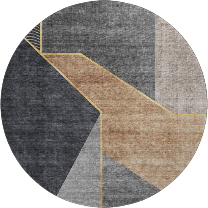 8' Geometric Washable Round Rug With UV Protection (653734) - Charcoal / Gold / Brown